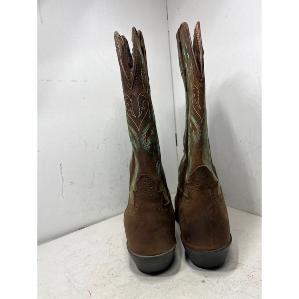 Justin Brown Leather Western Cowboy Boots Teal Embroidery Square Toe 9B - Picture 7 of 10